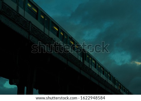 Apocalypse, end of the world paris, building, Eiffel tower, green, yellow light, subway, future, city, sky, sunset cloud, nuclear war, stock spit
