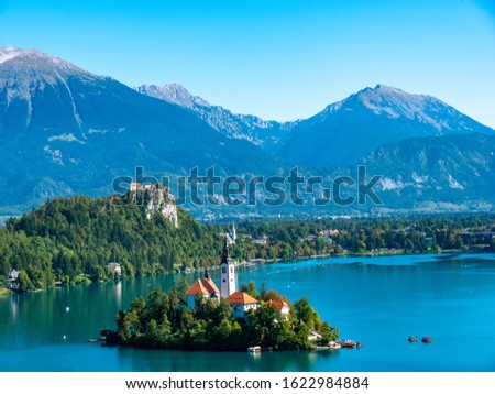 Aerial view on the Pilgrimage Church of the Assumption of Maria on the Lake Bled on a sunny autumn day.