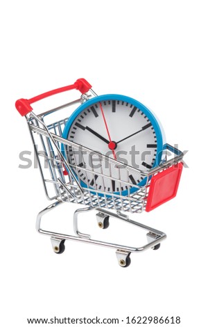 Shopping cart holding a big blue clock buying time on a white background