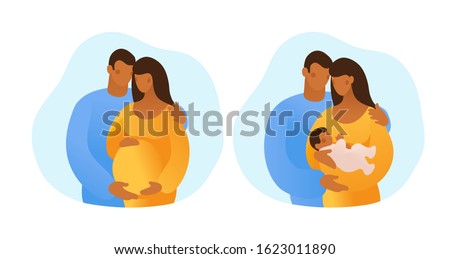 Black pregnant couple. African husband and wife with a child. Married couple with a newborn on a sky background. Flat vector illustration isolated on white