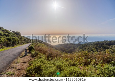 Backlight picture of a small road taken from summit of Madeira toward Atlantic ocean in summer