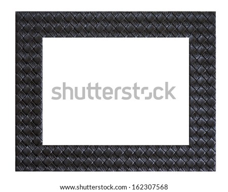 Decorative black leather photo frame isolated on white background. Closeup.