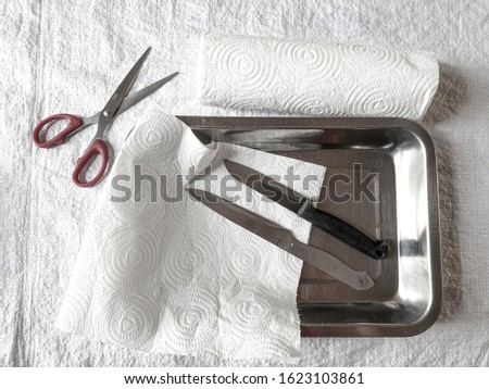 Picture of a knife with scissors and paper towel in a metal tray for cleaning.