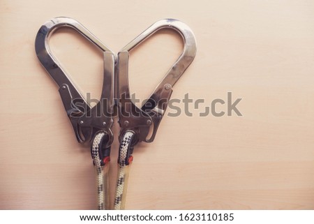 protection Hook harness and lanyard Heart shape concept Safety first To work High place Love safety Leave space Safety week Love life Royalty-Free Stock Photo #1623110185