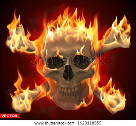 Detailed graphic realistic burning human skull with crossed bones and fire flames. On orange red background. Vector icon.