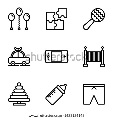 Toy icon set include balloon,puzzle,rattle,car,sleeping bed,bottle,clothes