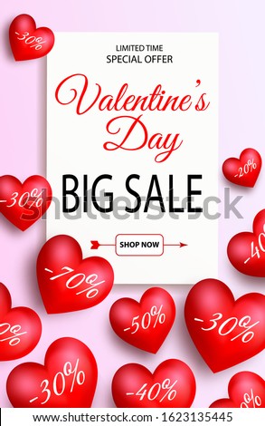 Banner for Valentine's Day Sale. Template for advertising web banner. Volume red realistic hearts with shadows around a white sheet on rose background. Vector illustration