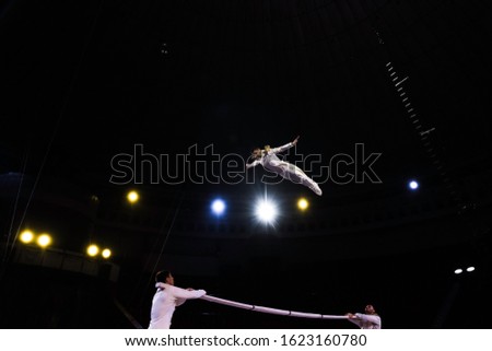air acrobat jumping while performing near men in circus