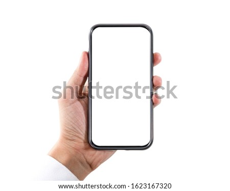 Blank form of smartphone frame and businessman hand with white background for add template infographic or presentation and advertisement. Technology and object with clipping path.