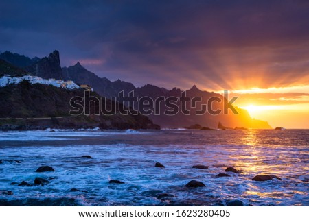 Amazing nature view of Benijo beach during a beautiful sunset. Location: Anaga, Almaciga, Tenerife, Canary Islands. Artistic picture. Beauty world. Nature Landscape