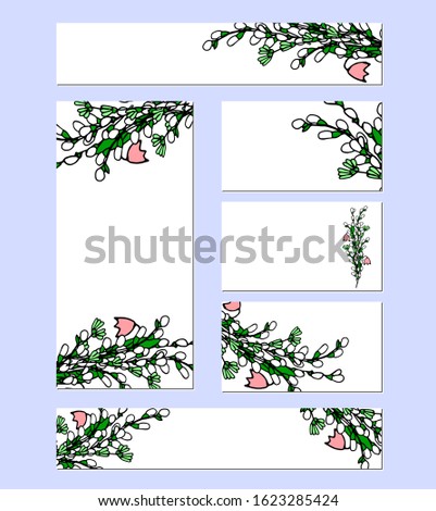 Spring banners with cute tulip flowers and willow branches. Design for decoration, announcements, cards, advertising, invitations, weddings, posters, print. Vector illustration
