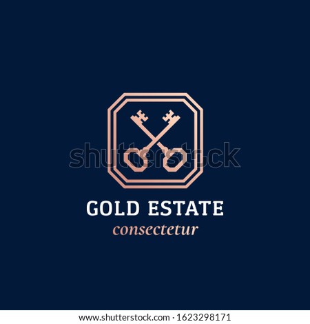 Real Estate Abstract Vector Sign or Logo Template. Crossed Golden Keys Sillhouette in a Frame with Classy Retro Typography. Vintage Vector Emblem. Isolated.