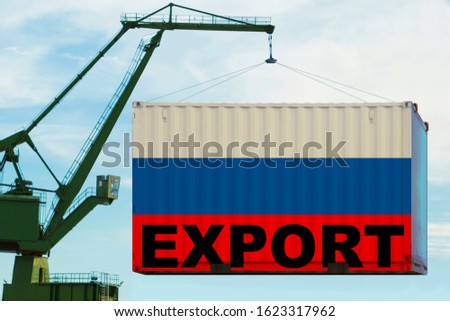 port crane holds a container with the Russian flag, the concept of shipping from Russia around the world by sea, distribution of goods in a global business