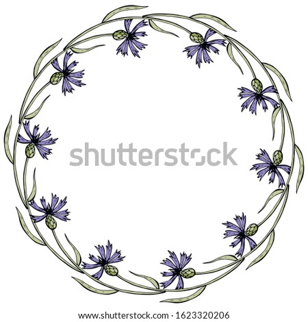 Round frame with cornflowers. Wreath in a romantic style. Holiday element for seasonal design. Round garland for cards, congratulations.