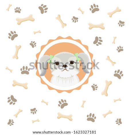 Shih Tzu Dog Illustration with bones and footprints. White background. Cartoon style. Cute dog vector design. Pets design. Kids design. Prints, greeting cards, textile art works. T-shirt design.