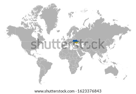Ukraine on detailed world map. With overlay Ukraine flag. The location of the country of Ukraine on the world map.