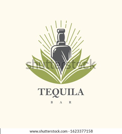 Tequila bar logo design with tequila bottle growing from agave plant. Creative vintage symbol for alcoholic beverage. Vector icon illustration for Mexican drink.