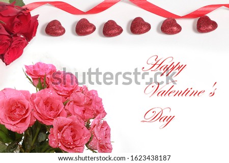 Greeting card for Valentine's Day or Women's Day. Red roses, hearts and a festive ribbon on a white background. February 14 holiday background, greeting lettering, banner for the screen,