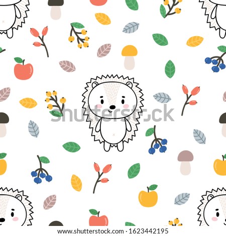 Cute seamless pattern with little hedgehog, apples and berries. Childish background with funny characters. Vector illustration