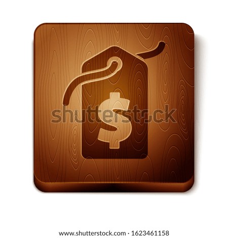 Brown Price tag with dollar icon isolated on white background. Badge for price. Sale with dollar symbol. Promo tag discount. Wooden square button. Vector Illustration