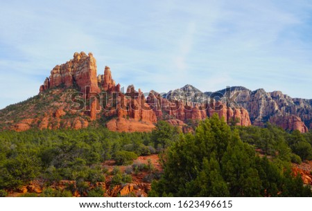 The incredible geology of Sedona is on display from this view of the sandstone and limestone formations. Royalty-Free Stock Photo #1623496615