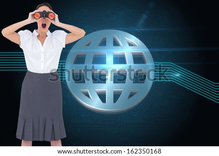 Composite image of shocked elegant businesswoman looking through binoculars while posing