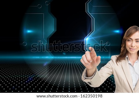 Composite image of portrait of businesswoman touching invisible screen 