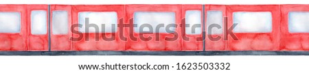 Seamless repeatable border of red grungy train door and windows, side view. Hand drawn watercolour graphic illustration on white background, cutout clip art element for print, design, creative banner.