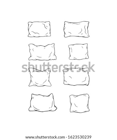 Pillow set in different shapes and sizes, outline vector illustration.
Hand drawn used pillows on paper, simple sketch. Foam object made for rest and naps.