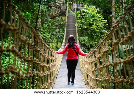 Young girl walking in Bridge Rainforest Suspension bridge, Crossing the river, ferriage in the woods. Royalty-Free Stock Photo #1623544303