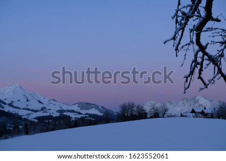 Winter landscape  snow capped Kitzbueheler Horn and Karstein Austrian Alps during morning twilight. Bright red pink sky but dark grey ground. Snow covered leafless branches foreground.