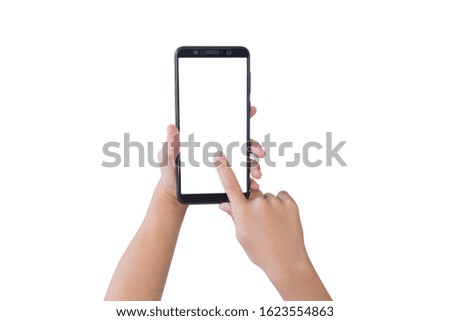 Child holding smartphone with empty screen, isolated on white background. Object with clipping path.