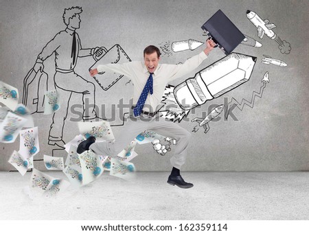 Composite image of cheerful jumping businessman with his suitcase 