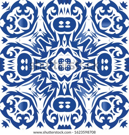Antique portuguese azulejo ceramic. Stylish design. Vector seamless pattern collage. Blue floral and abstract decor for scrapbooking, smartphone cases, T-shirts, bags or linens.