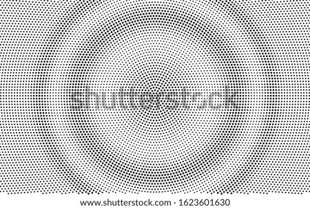 Black and white vector halftone. Subtle half tone shade texture. Retro comic effect overlay. Centered dotted gradient. Dot pattern on transparent backdrop. Dynamic halftone perforated texture