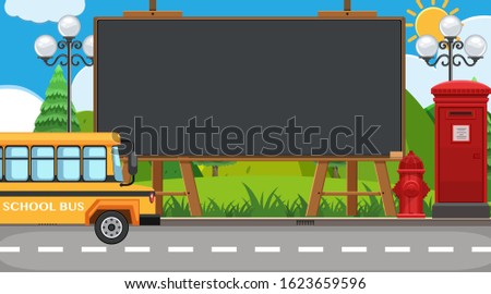 Border template with school bus on the road background illustration