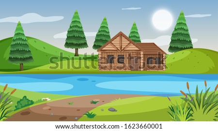 Scene with wooden cottage in the field illustration