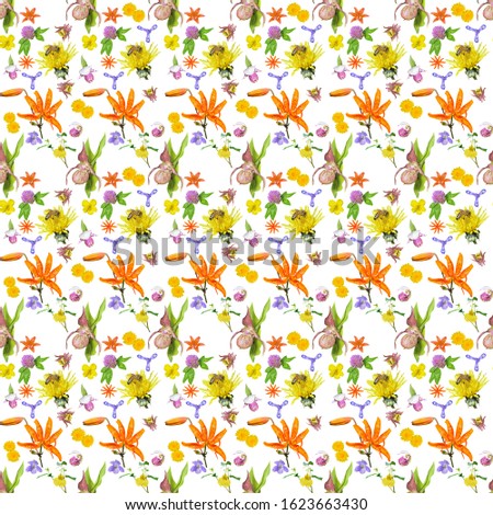 The various and variegated wildflowers on white background. Seamless pattern.