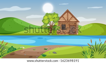 Scene with wooden cottage in the field by the river illustration