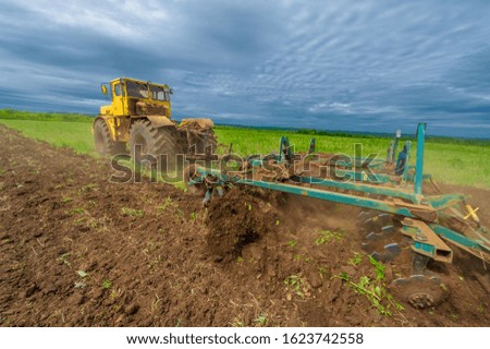 Spring photography, landscape with agricultural machinery, a tractor plows the land, plows a field, birds fly over arable land