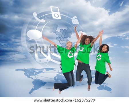 Composite image of three environmental activists jumping and smiling 