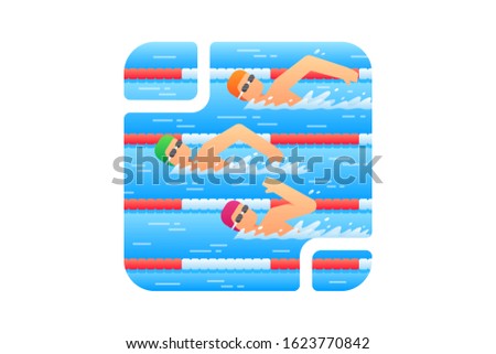 3 swimmers are competing in the swimming pool. Swimming vector illustration.