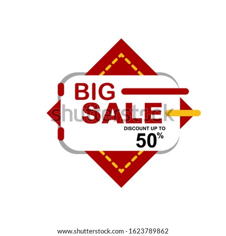 big sale discount up to 50 % letter on a white rounded rectangle in front of red rectangle and gold dashed outline rectangled discount poster design