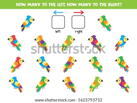 How many parrots go to the right and to the left. Logic game for kids.