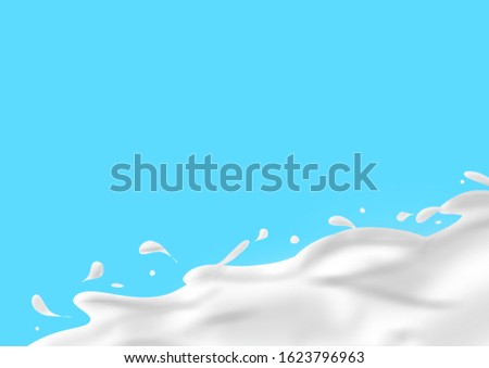 Rural landscape with herd cows and farm with splash milk in background
3d illustration