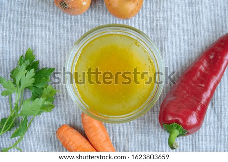 Pot chicken stock. Bone broth soup with veggies. Based clear soup.