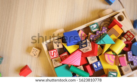 The wooden blocks colorful toys and type blocks colorful toys for kids on the trail wood close up