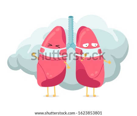 Cartoon lungs character with breathing hygiene mask on face and smoke or dust cloud. Human respiratory system lung internal organ mascot. Medical anatomy air pollution protection vector illusrtation