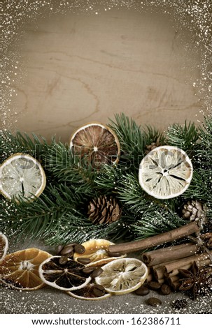 Still life in winter style with leamon spruce coffee pine cones and with place for your text