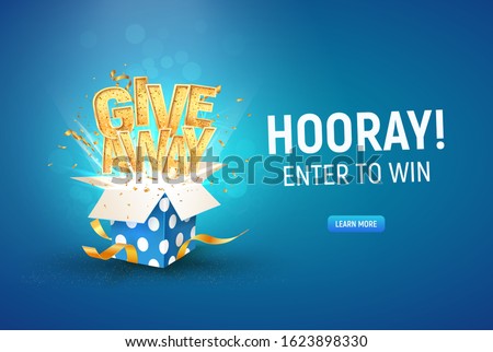 Open textured blue box with golden Giveaway word and confetti explosion inside on blue background horizontal illustration. Gift away text and giftbox quiz or lottery template Royalty-Free Stock Photo #1623898330